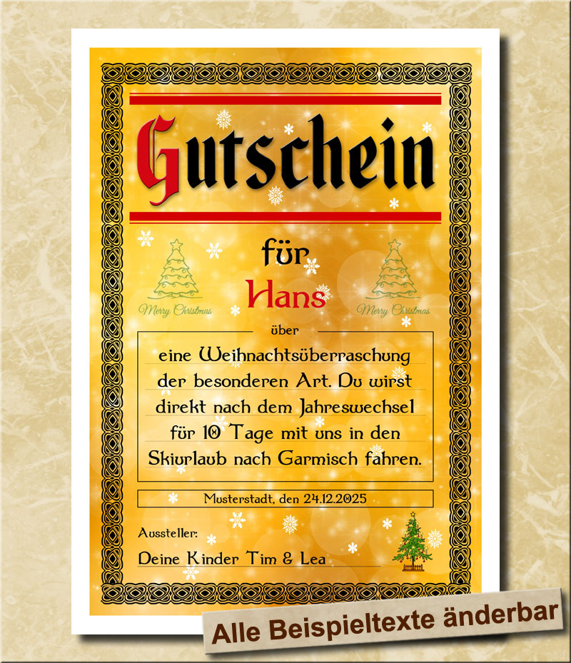 Blanko Gutschein fr Weihnachten als Weihnachtsgeschenk in Gold