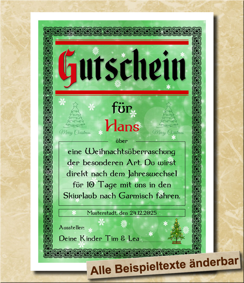 Blanko Gutschein fr Weihnachten als Weihnachtsgeschenk in Grn