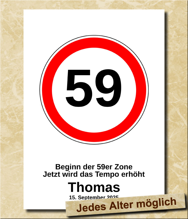 Verkehrsschild zum Geburtstag Tempolimit 59 Jahre